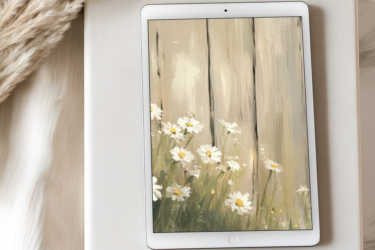 Rustic Door with Daisy Flourish farmhouse iPad wallpaper in muted earth tones