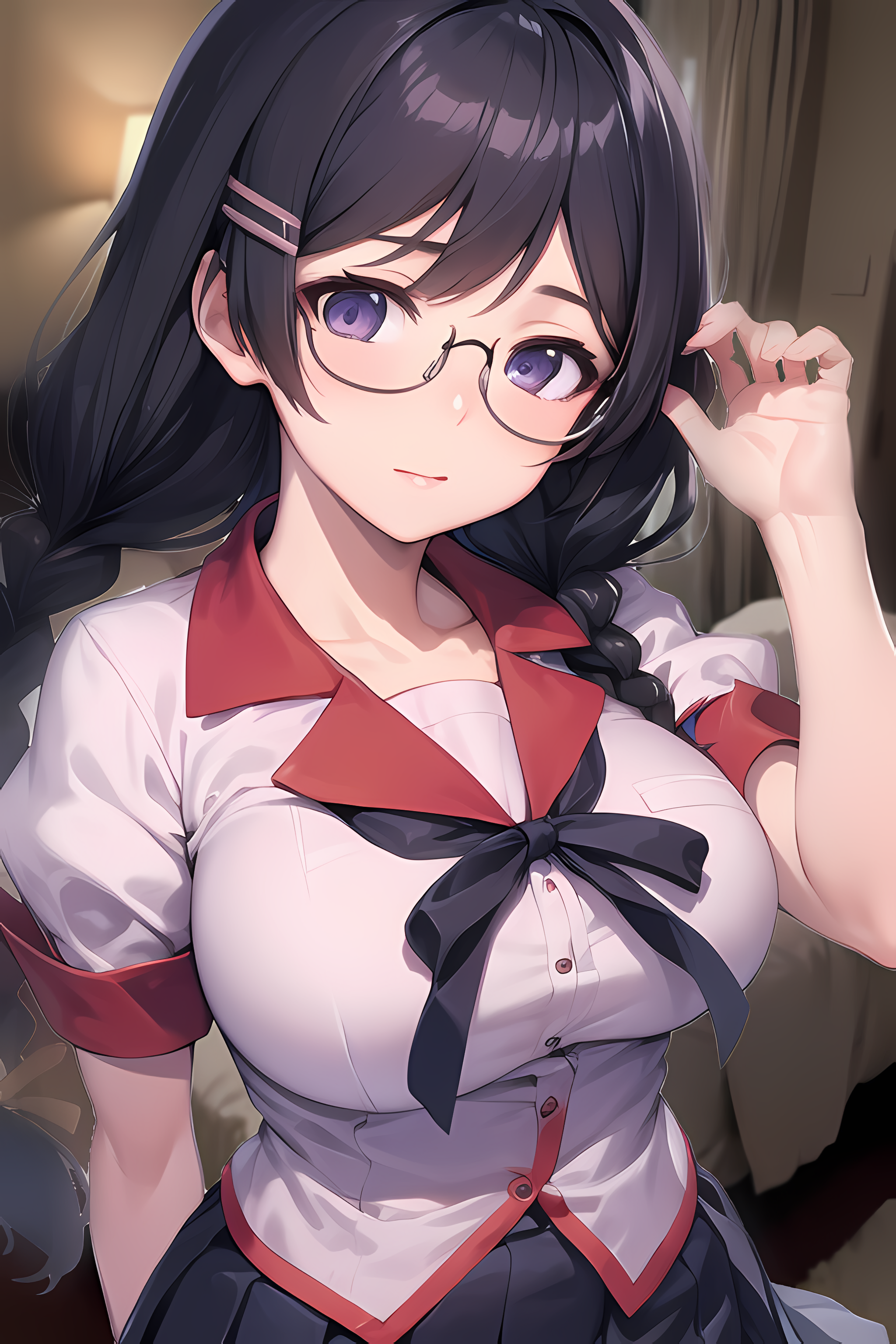 つばさホテル by HS with glasses, ai art, large breasts, hanekawa tsubasa, monogatari series, bakemonogatari