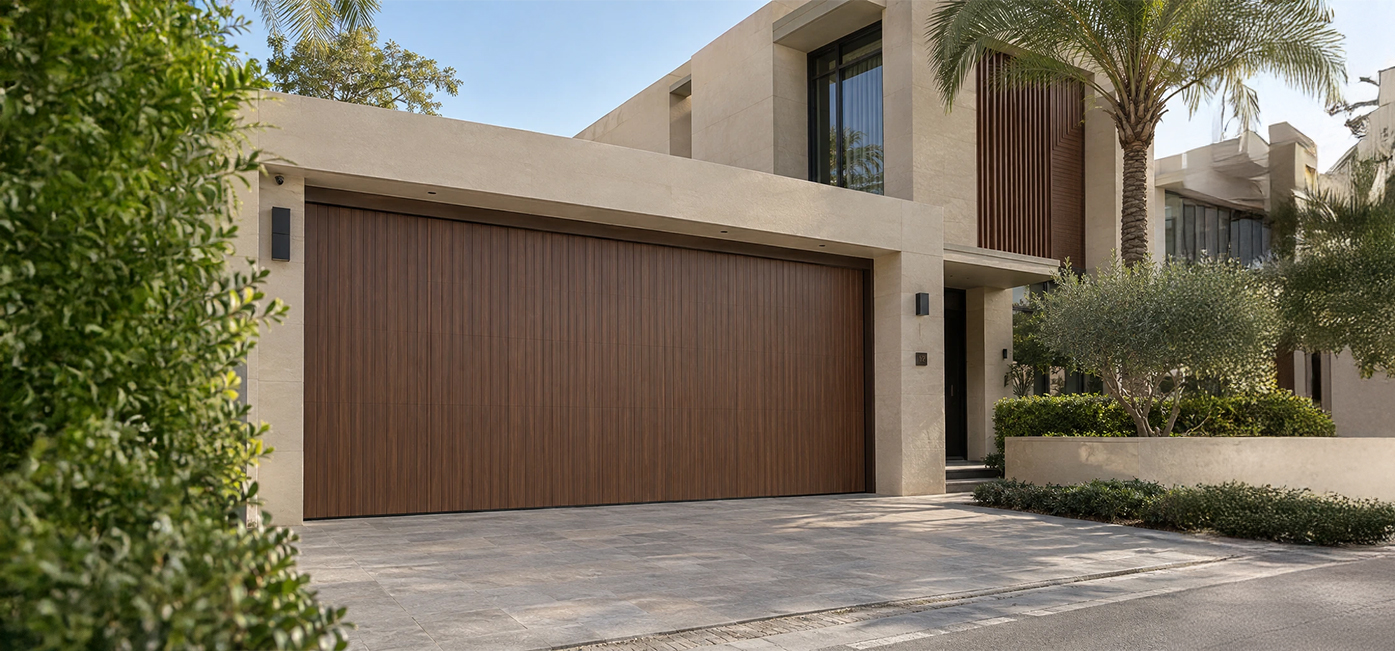 Modern luxury villa featuring a large wood-cladded garage door, beige walls, palm trees, and landscaped surroundings.