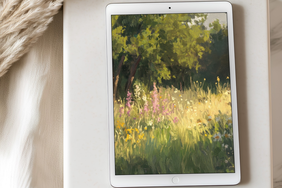 Gentle Radiance Over Secret Garden iPad Wallpaper - soft pastel botanical digital background