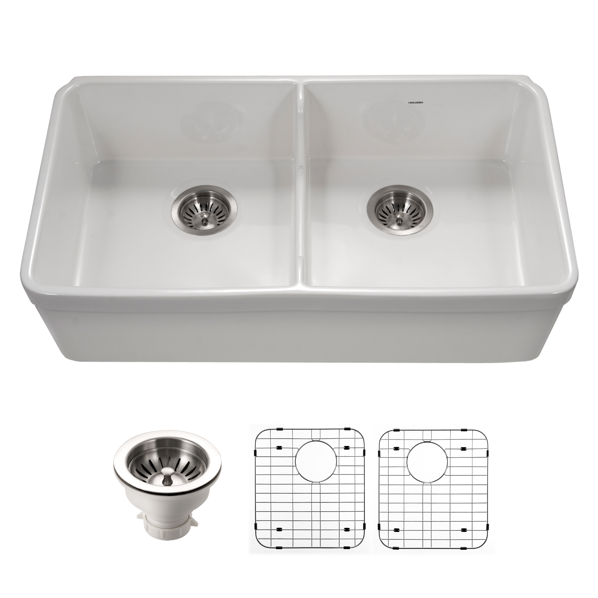 Houzer 32" Fireclay 50/50 Low Divide Double Bowl Farmhouse Kitchen Sink, White, Platus Series, PTD-6400 WH