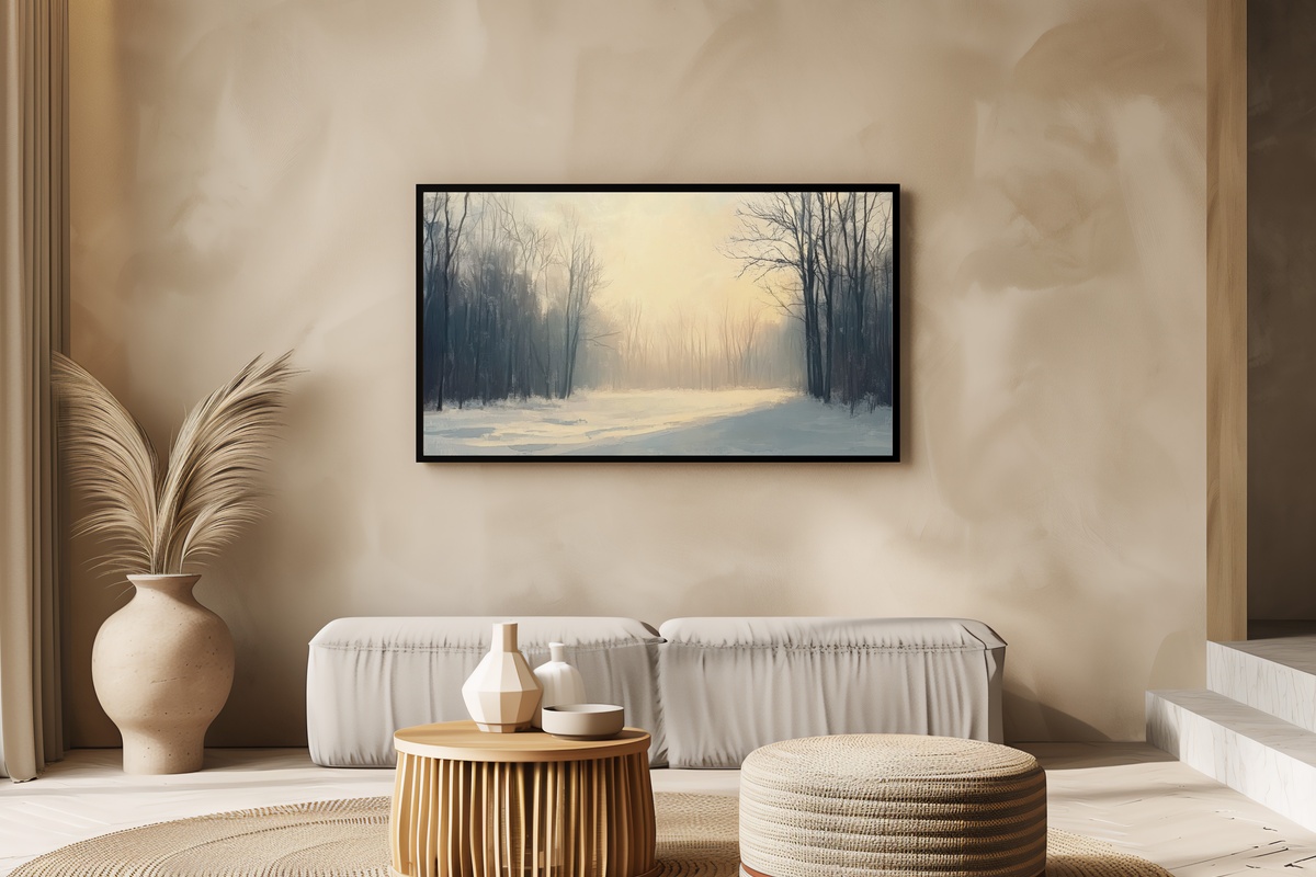 Frozen Dawn's Tranquil Glow Frame TV Art — frosty forest sunrise in soft rose and white