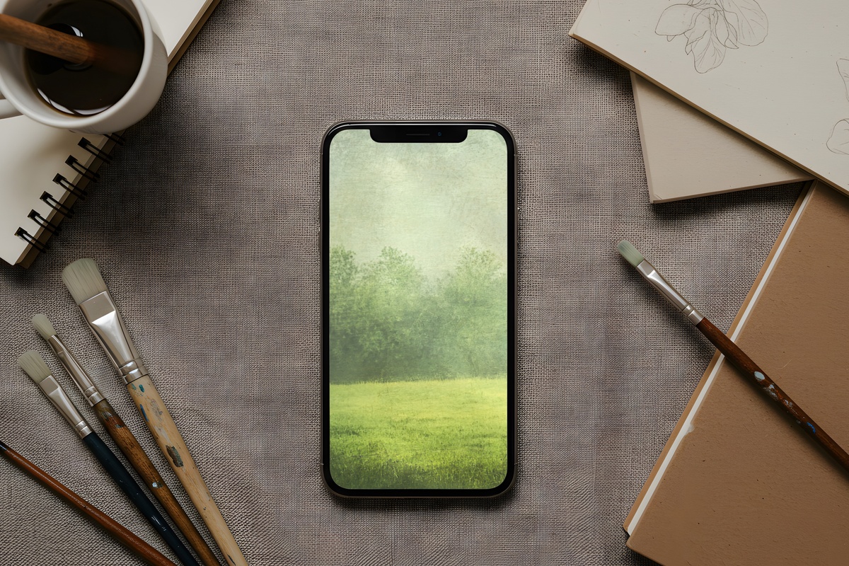 Tranquil Pasture with Grazing Cows farmhouse iPhone wallpaper in soft greens