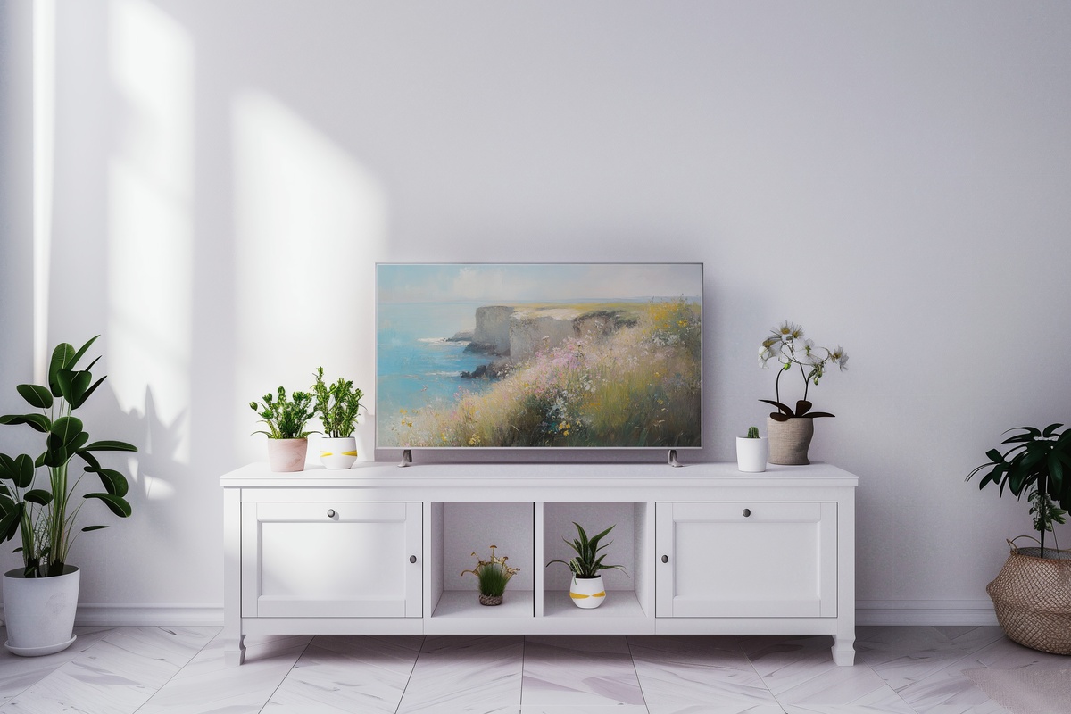 Glimmers of Coastal Grace Summer Frame TV Art — impressionist coastal cliffs and wildflowers