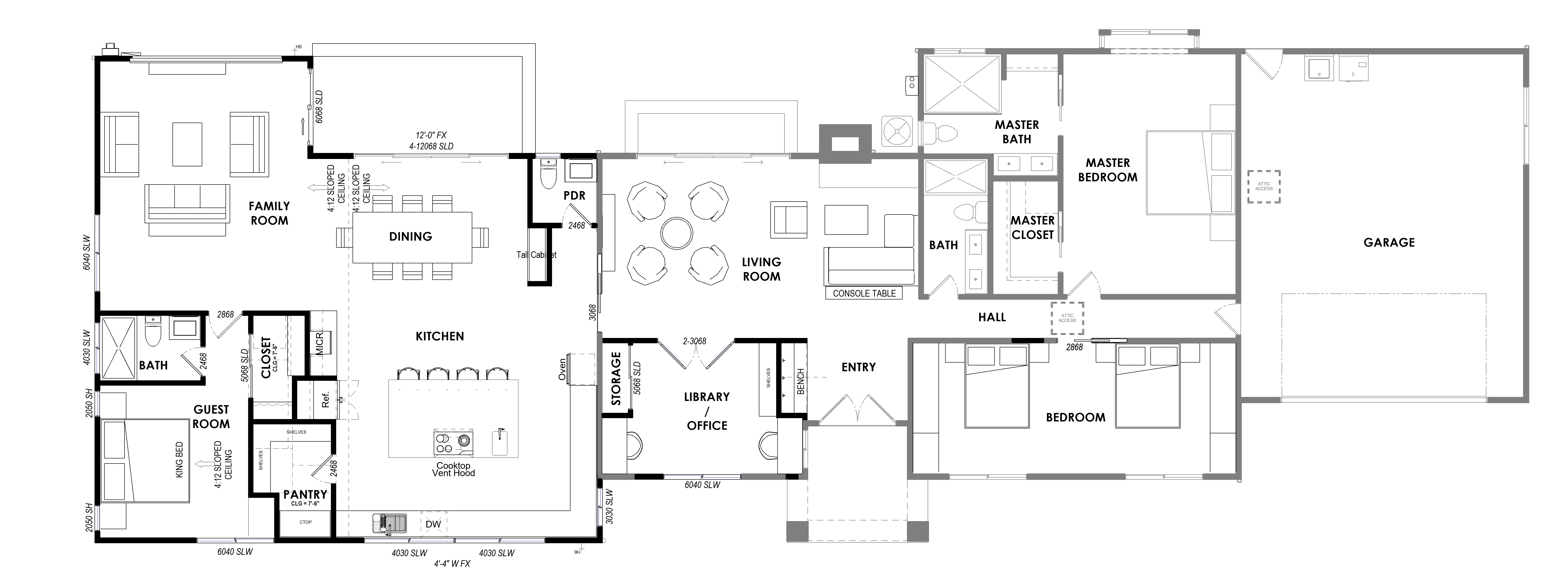Proposed floor plan with a new family room, dining room, kitchen, guest room, and a library office