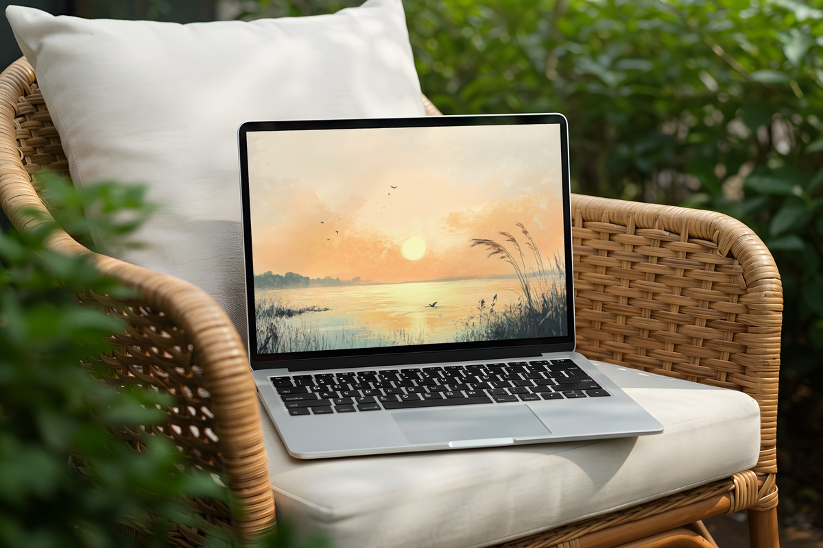 3D Sunrise Reverie coastal laptop wallpaper with layered beach sunrise effect