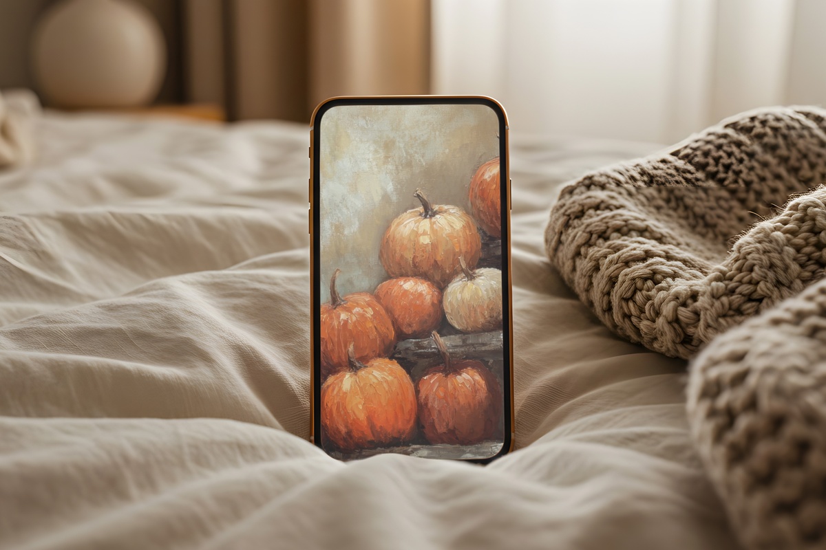 Pumpkin and Ladder Whimsy farmhouse iPhone wallpaper in warm earth tones