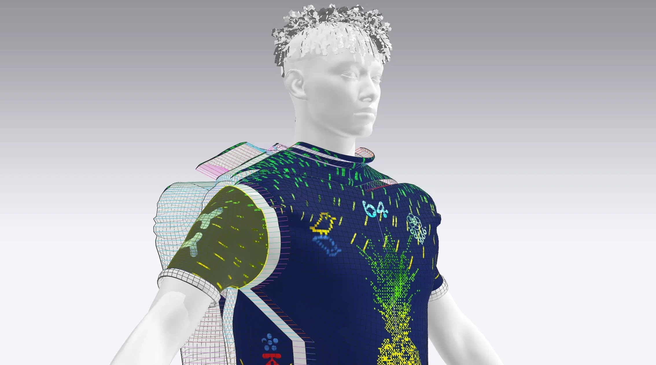 3D rendered front and back view of a vibrant navy blue football jersey with pixel pineapple and number 04 design displayed against a colorful halftone dot map background with Archive PDF branding