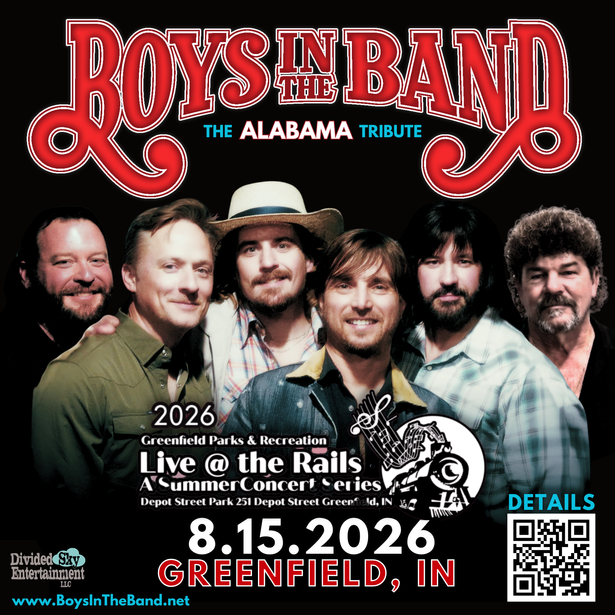 A summer evening at Depot Street Park in Greenfield, Indiana just got a whole lot better — Boys in the Band brings Alabama's greatest hits to life under the open sky for the Live at The Rails concert series. Two full hours of country music magic, no breaks, no filler, just the songs you grew up loving performed by the nation's premier Alabama tribute. Grab a lawn chair and head to Depot Street on August 15th for a free night out you'll be talking about all year.