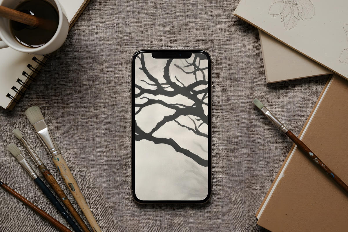 Silhouette of Branches Play Black and White iPhone Wallpaper
