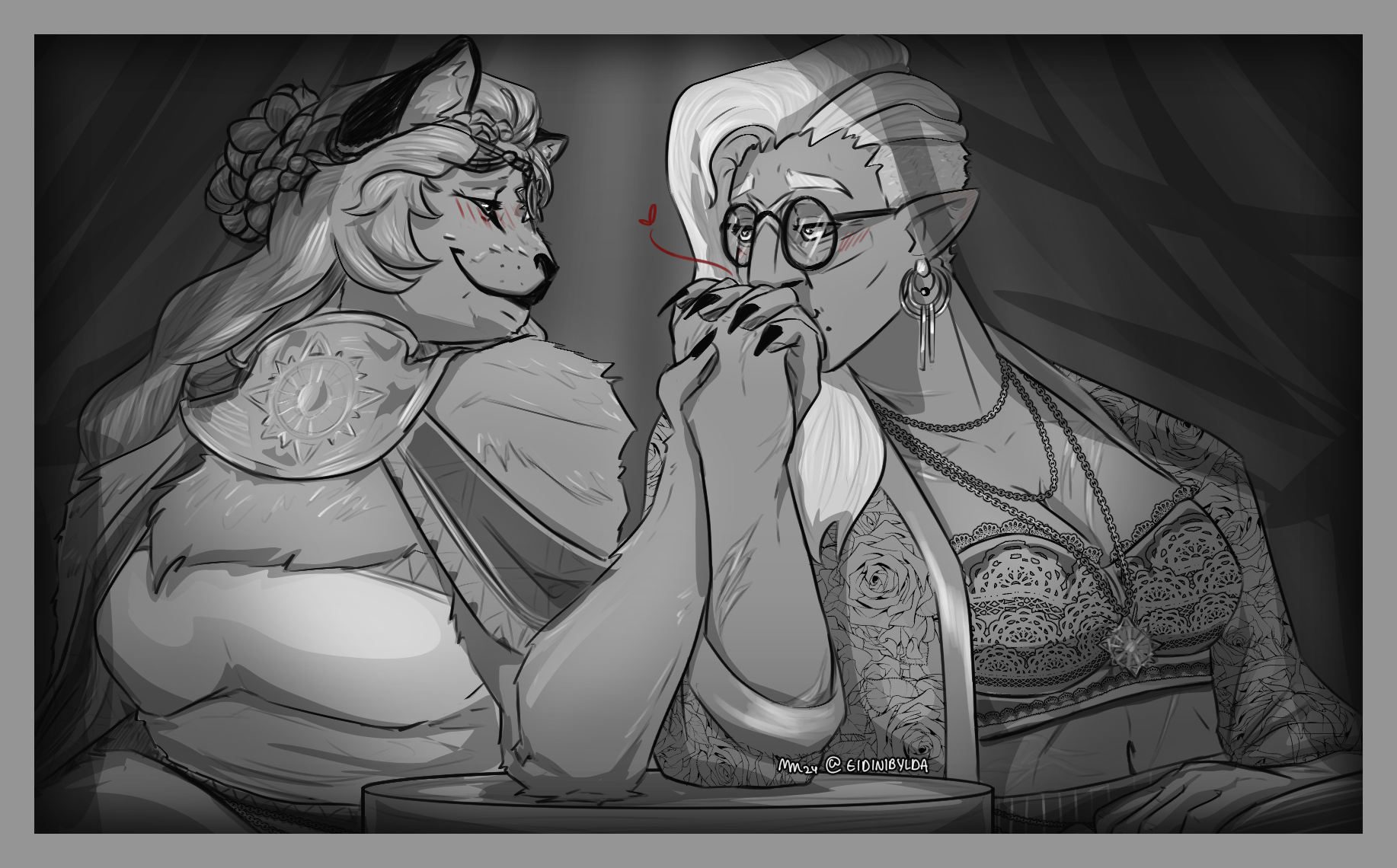 The Warrior of Light, Eidin Merlwyn, the roegadyn on the right, sits next to and kisses the back of the Vow of Resolve of Tuliyollal, Wuk Lamat, the x'braal on the left's hand, each looking at the other with adoration. Eidin Merlwyn sports her signature white asymmetrical hairstyle and glasses, and wears a lacy bralette, a rose-patterned camisole, a triple-chained necklace with a sun pendant, and pinstriped black and white high-waisted capri pants with gold chains loosely looped around her hips. Wuk Lamat has her ginger mane half-up in a braided updo, wears a circlet with a sun pendant resting between her eyes, a gold armor collar with a matching sun relief decorating the center and a brightly patterned cold-shoulder cape attached, as well as a light-coloured sleeveless top, a wide belt similarly patterned to the cape, with gold chains and a second sun pendand hanging from her hip, and dark shorts that extend to just above the knee.