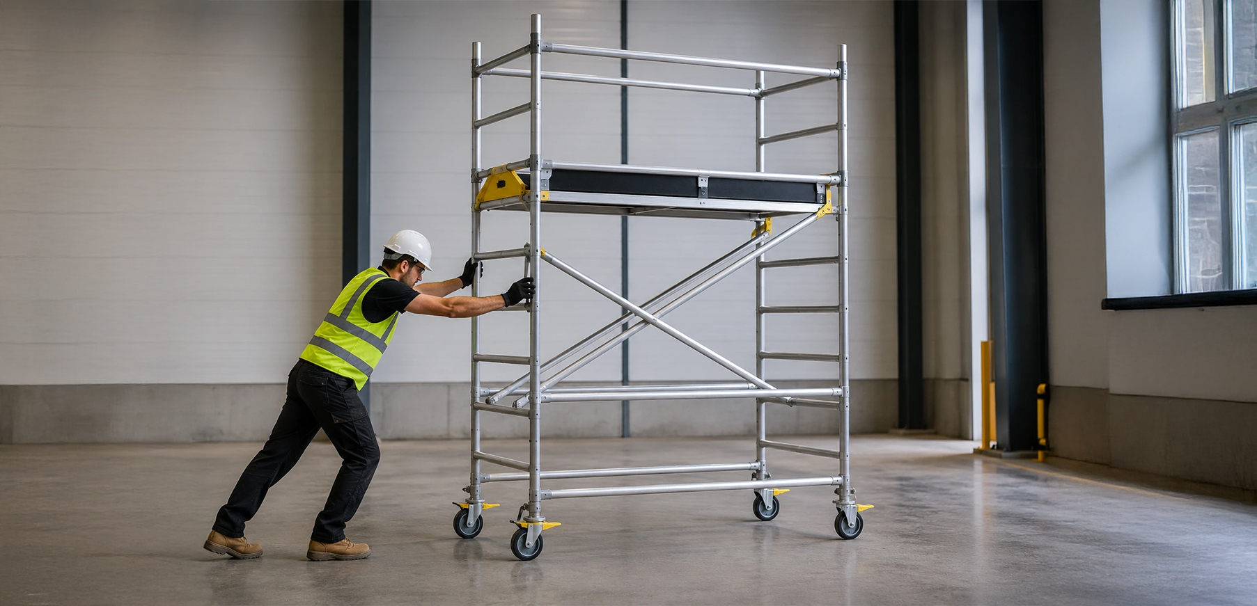 How to Safely Move a Mobile Scaffold Tower Worker safely moving a mobile scaffold tower across a warehouse floor.