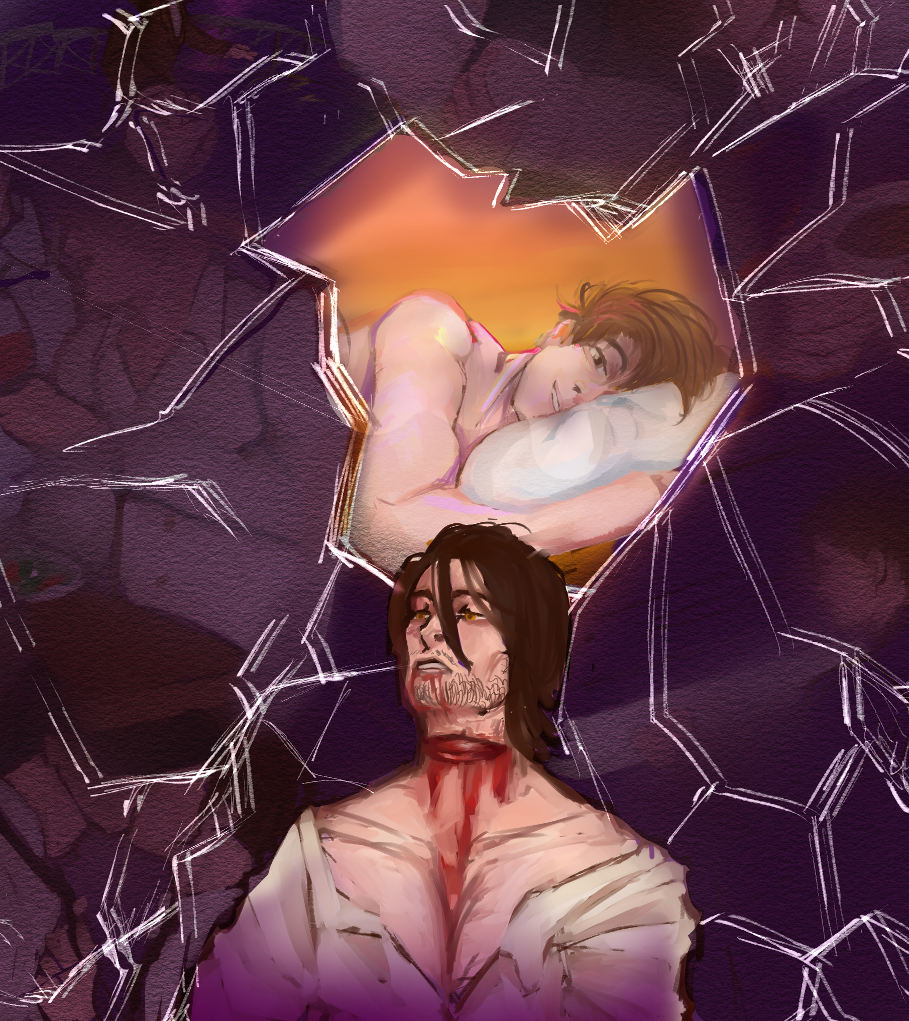 A colored drawing of the previous scene. There's a bloodied, scruffy Arthur with his throat slit. Behind him is a broken glass composition in purple with white noise effect, depicting different scenes from John's fantasy. They are blurry, but you can make out something, like John and Arthur kissing, Arthur behind a piano, John reading a book. In the center of the broken glass there is a soft yellow drawing of Arthur with a content smile on his face, looking at the viewer (John).