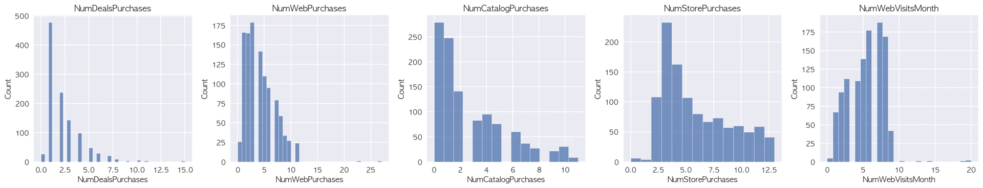 NumDealsPurchases, NumWebPurchases, NumCatalogPurchases, NumStorePurchases, NumWebVisitsMonth