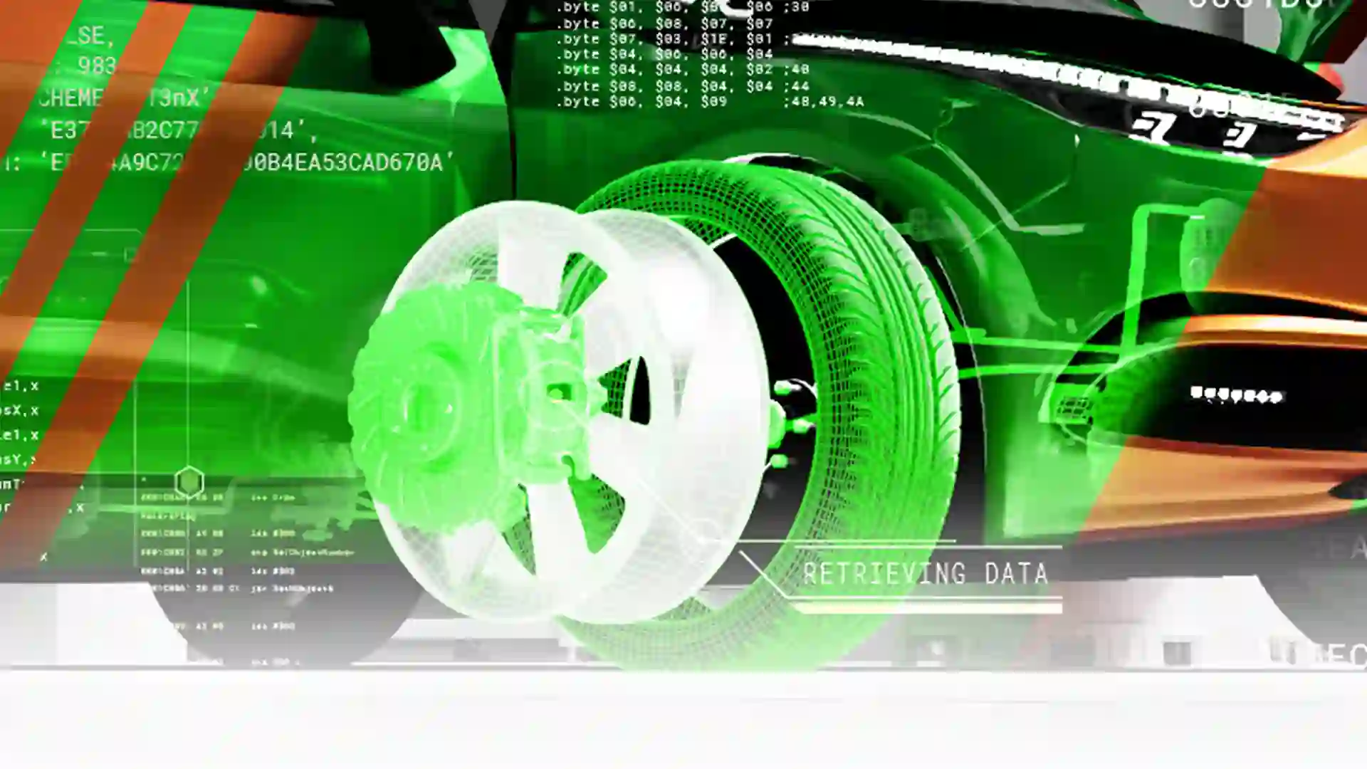 PTC SaaS transformation motion graphic showing a 3D wireframe car wheel with green neon data overlays and retrieving data interface text representing digital product lifecycle management