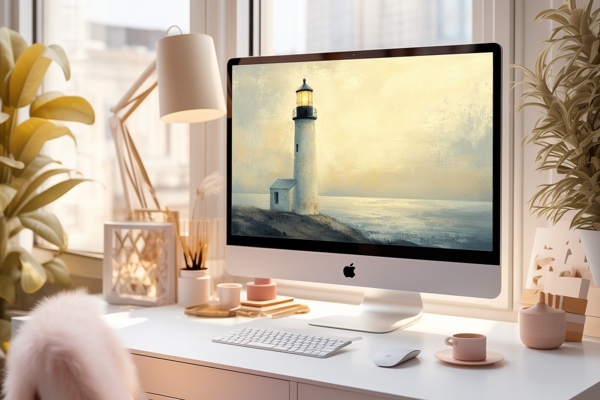 Dusk Beacon Warmth coastal desktop wallpaper featuring a lighthouse at dusk in warm tones
