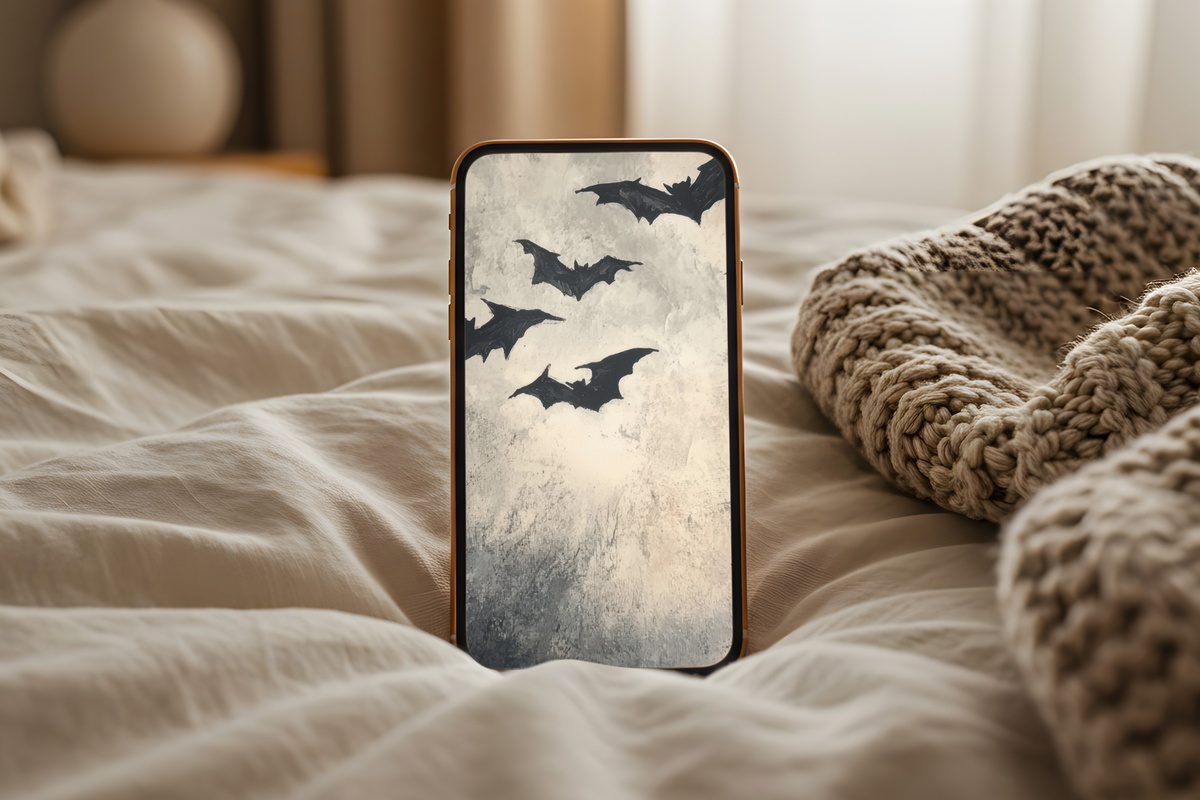 Bats in Enchanted Woodland Halloween iPhone Wallpaper — soft cool grays with bat silhouettes over woodland scene