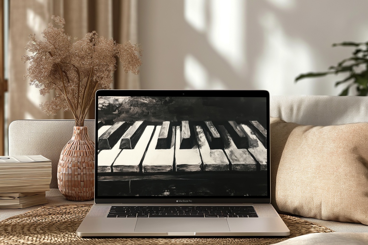Timeless Piano Elegance Black and White Desktop Wallpaper
