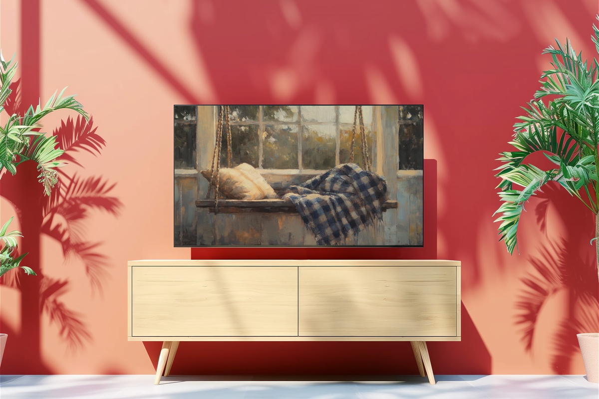 Plaid-Draped Porch Swing Bliss Farmhouse Frame TV Art