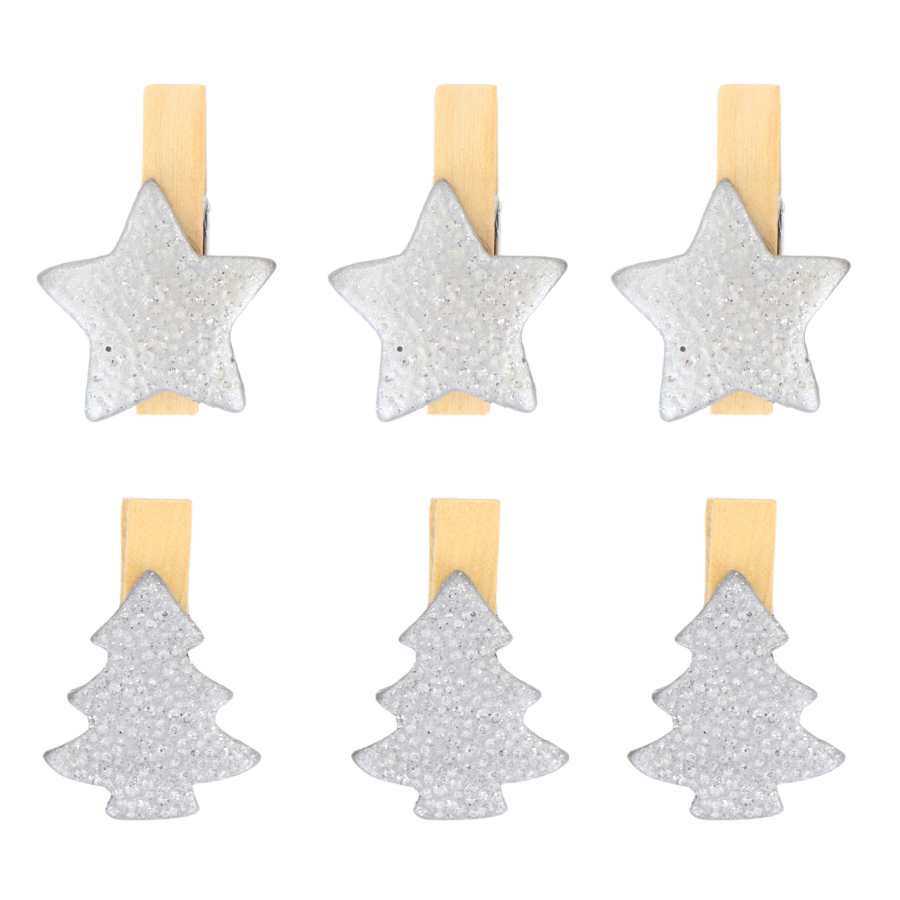 Set de 6 ganchos navideños gris, 3.5cm, madera/cerámica