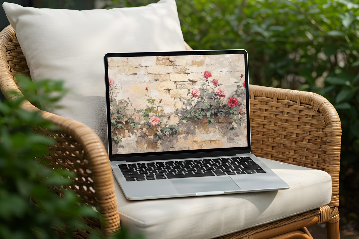 Stone Garden Roses Reverie vintage desktop wallpaper with impressionist roses in a stone garden
