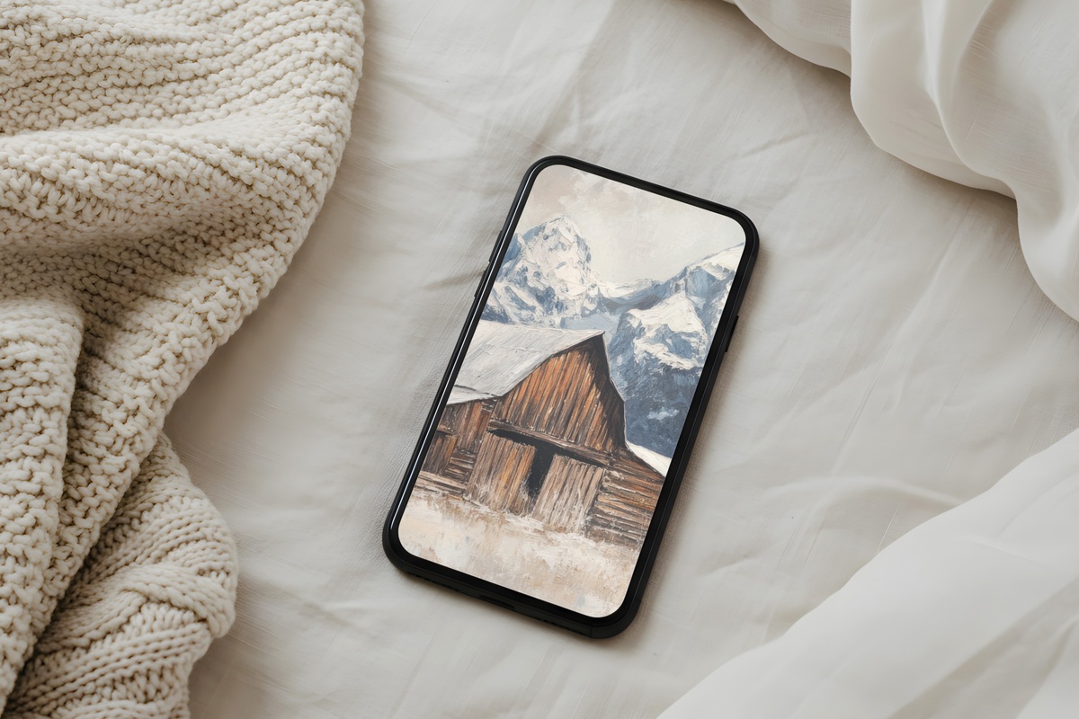 Mountain Snow Barn Stillness farmhouse iPhone wallpaper in soft pastel winter tones