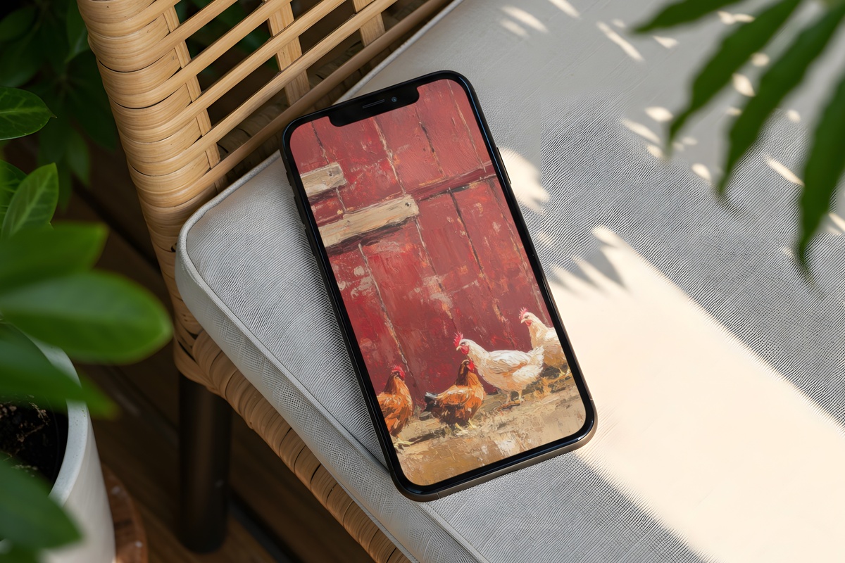 Barnside Chicken Parade Farmhouse iPhone Wallpaper with rustic farmyard tones