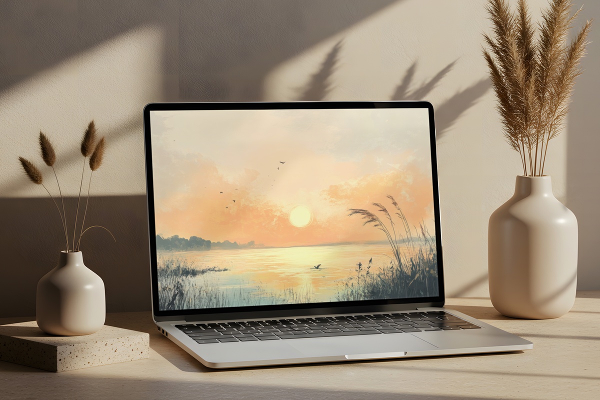 3D Sunrise Reverie coastal desktop wallpaper featuring a beach sunrise with dimensional depth effect