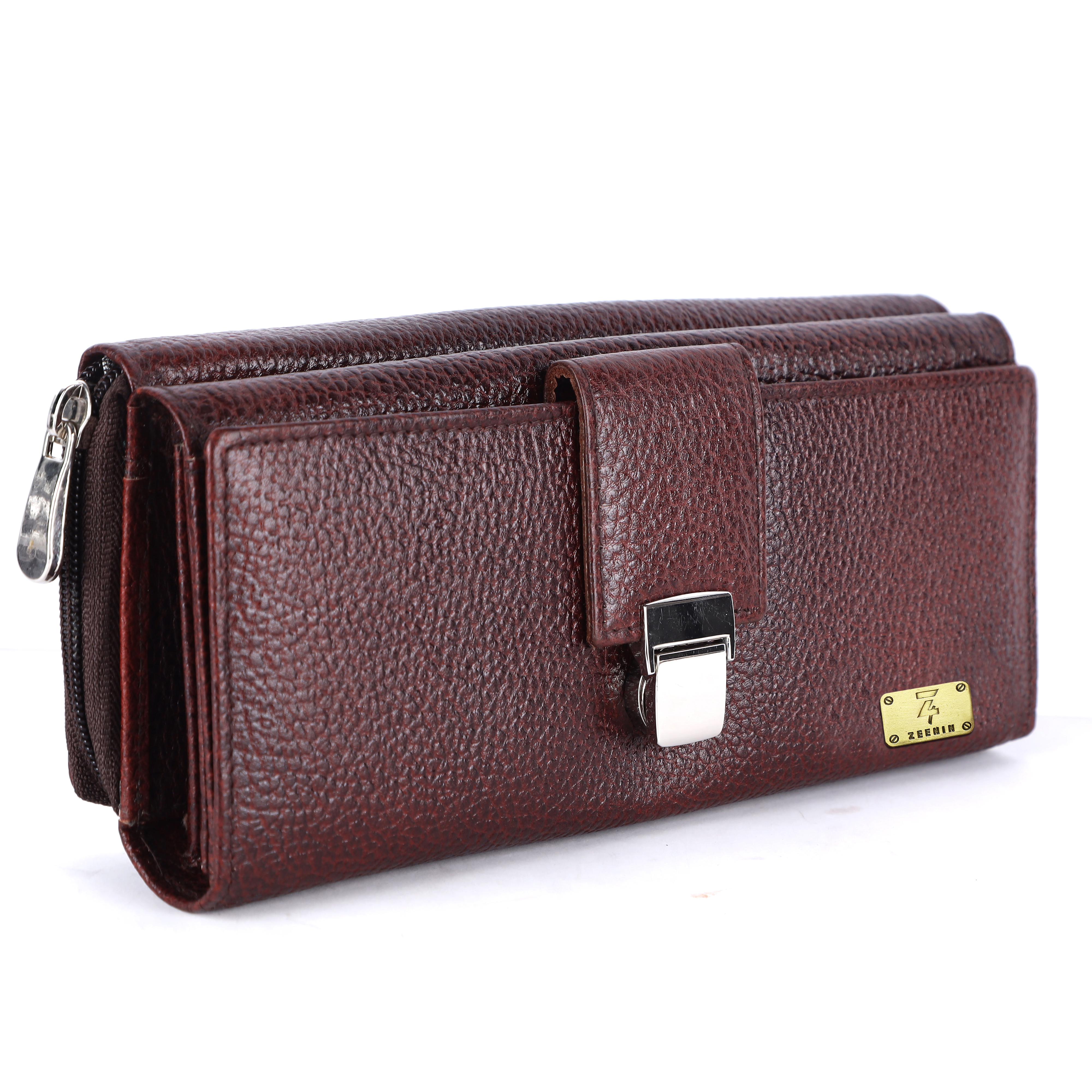 Zeenin Stylish Genuine Leather Purse Wallet Clutch with Magnetic Loop Closure for Women & Girls, Brown