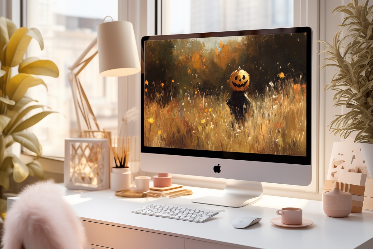 Jack-O-Lantern in Autumn Fields Desktop Wallpaper