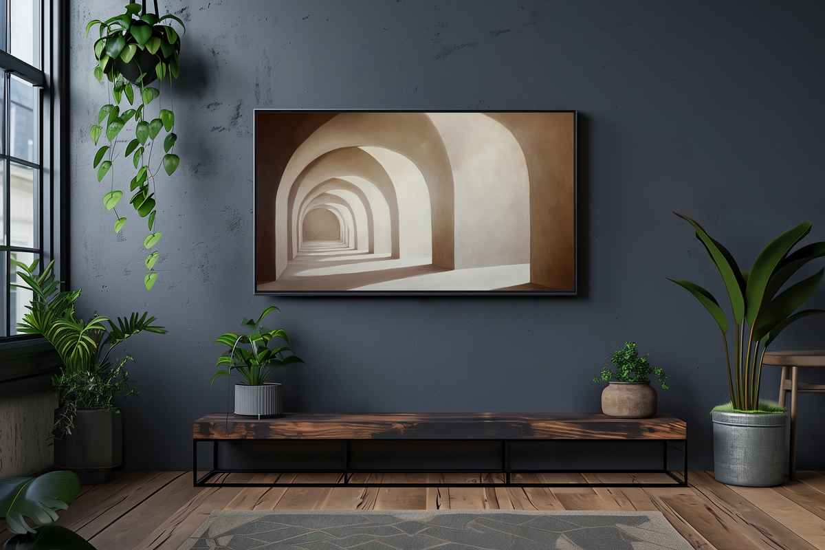 Arching Shadows Dance Elegance neutral Frame TV Art with abstract arch shadows in warm tones