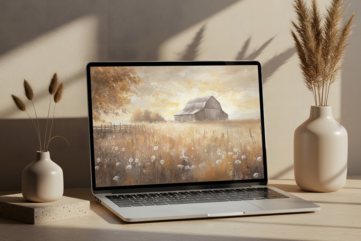 Sunlit Meadow Barn Serenity Farmhouse Desktop Wallpaper with a barn in a sunlit meadow
