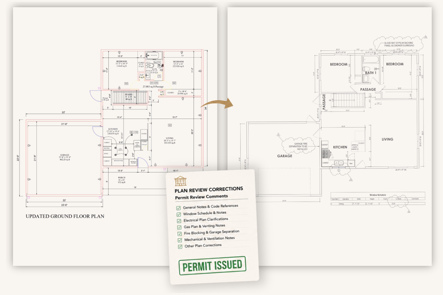 Side-by-side comparison of a residential remodel permit correction project showing the original received floor plan and the revised plan prepared by Arch Design by B. The updated permit resubmittal drawings include addressed plan review comments, improved annotations, window schedule updates, garage separation notes, and drafting revisions that resulted in permit approval.