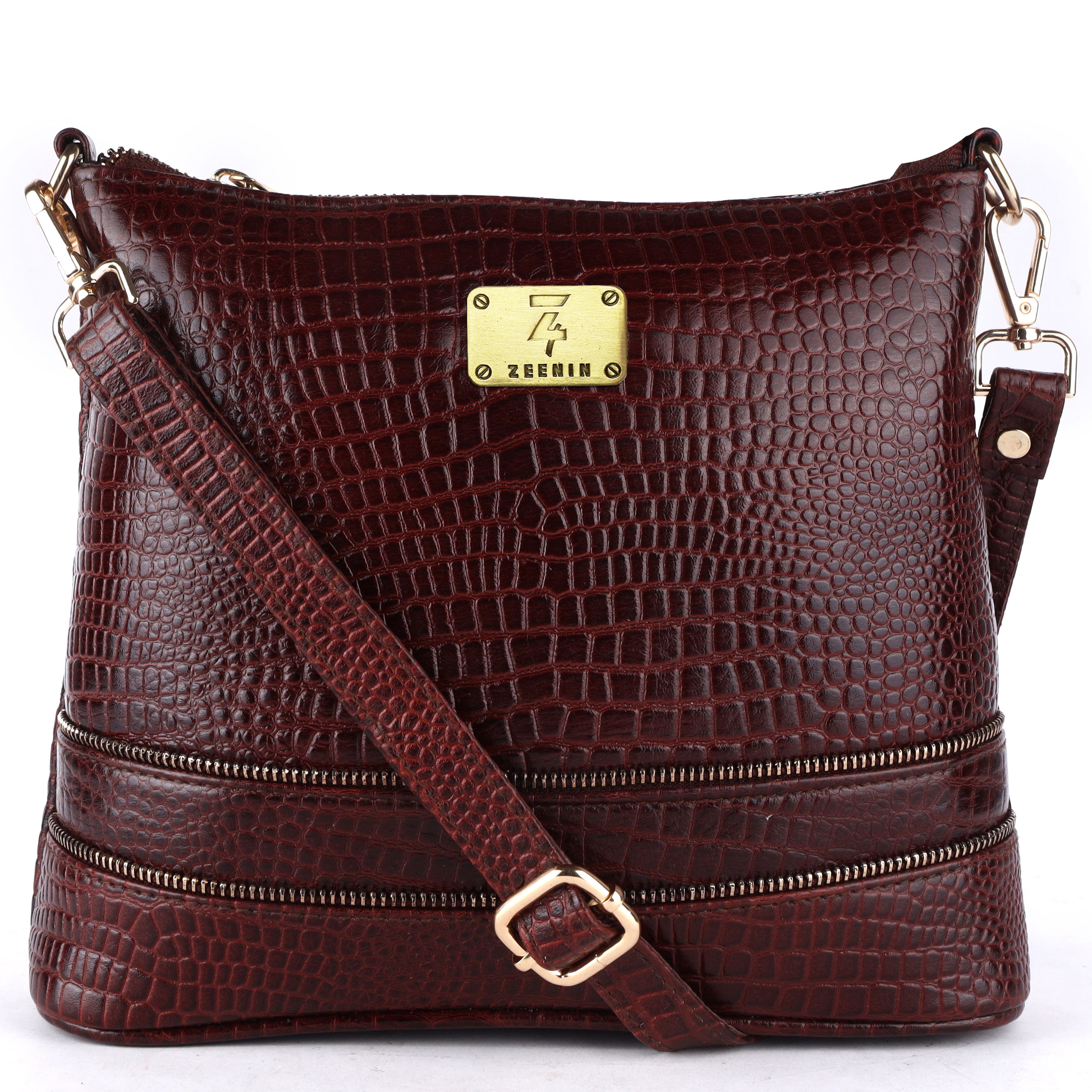 Zeenin Genuine Leather Crossbody Sling Messenger Slim Shoulder Purse Satchel Bag for Women & Girls | Golden Zipper | Medium Size | Brown