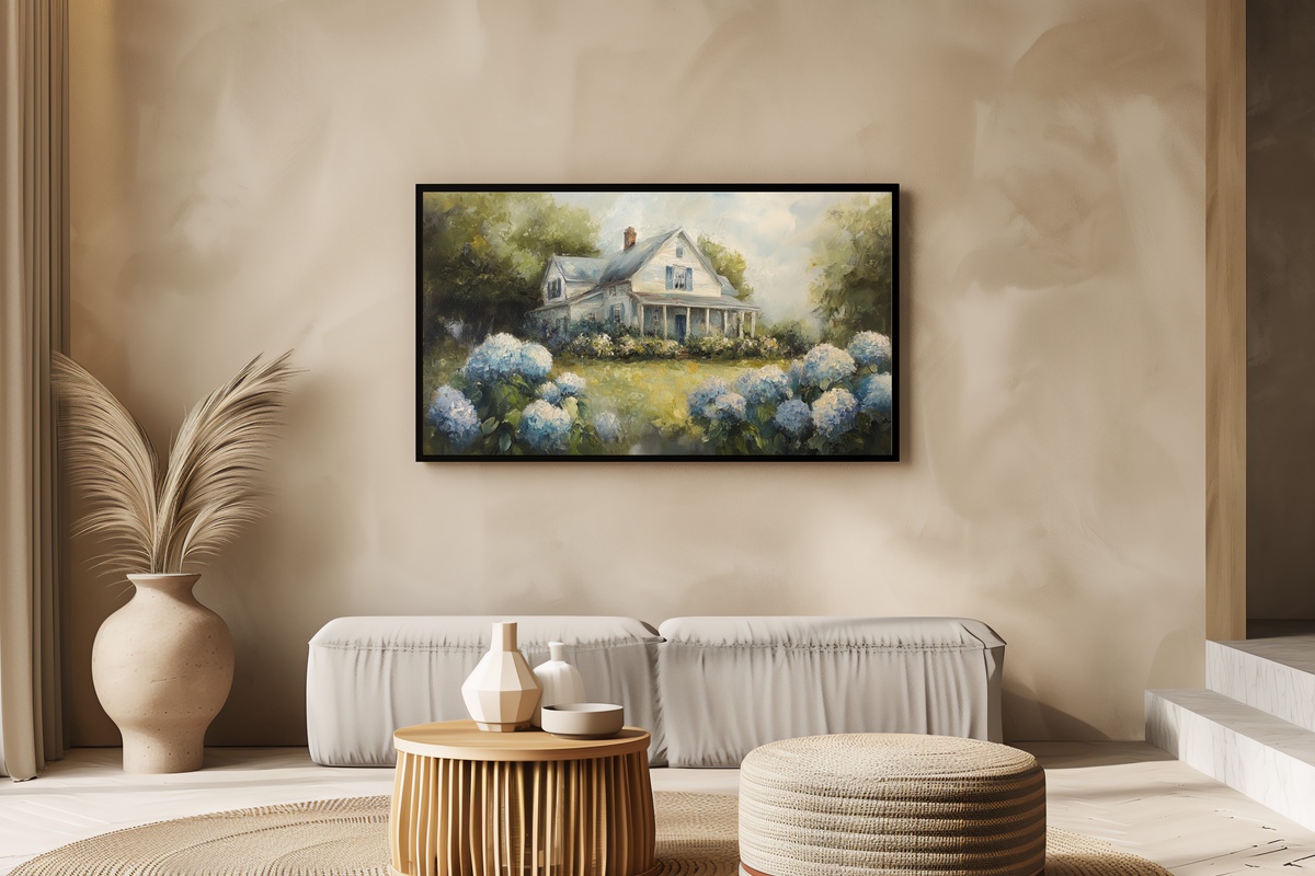 Hydrangeas in Farmhouse Bloom Farmhouse Frame TV Art