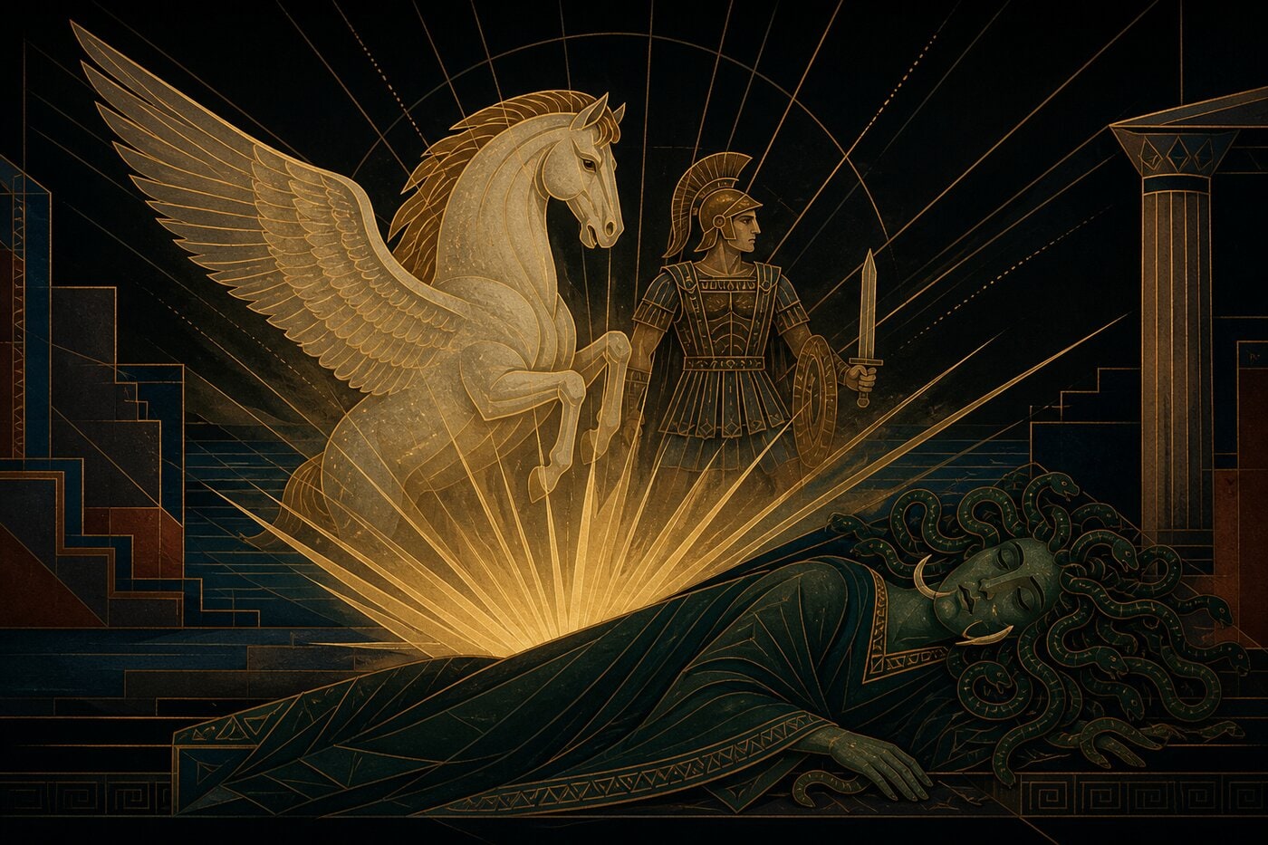 Original illustration for Pegasus and Chrysaor Emerge from Medusa