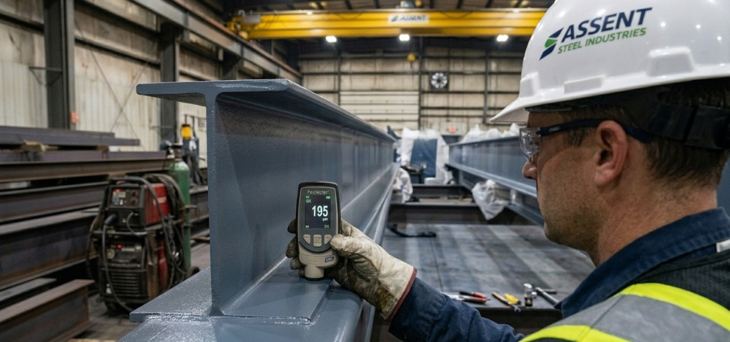 Untitled design (14).png Quality control inspector in a white hard hat and safety vest viewed from the side, using a digital handheld gauge to measure dry film thickness (DFT)