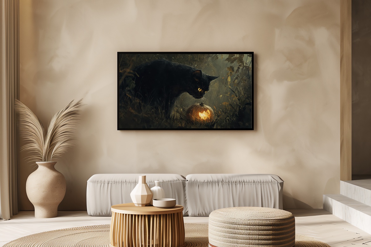 Mystical Black Cat and Pumpkin Halloween Frame TV Art
