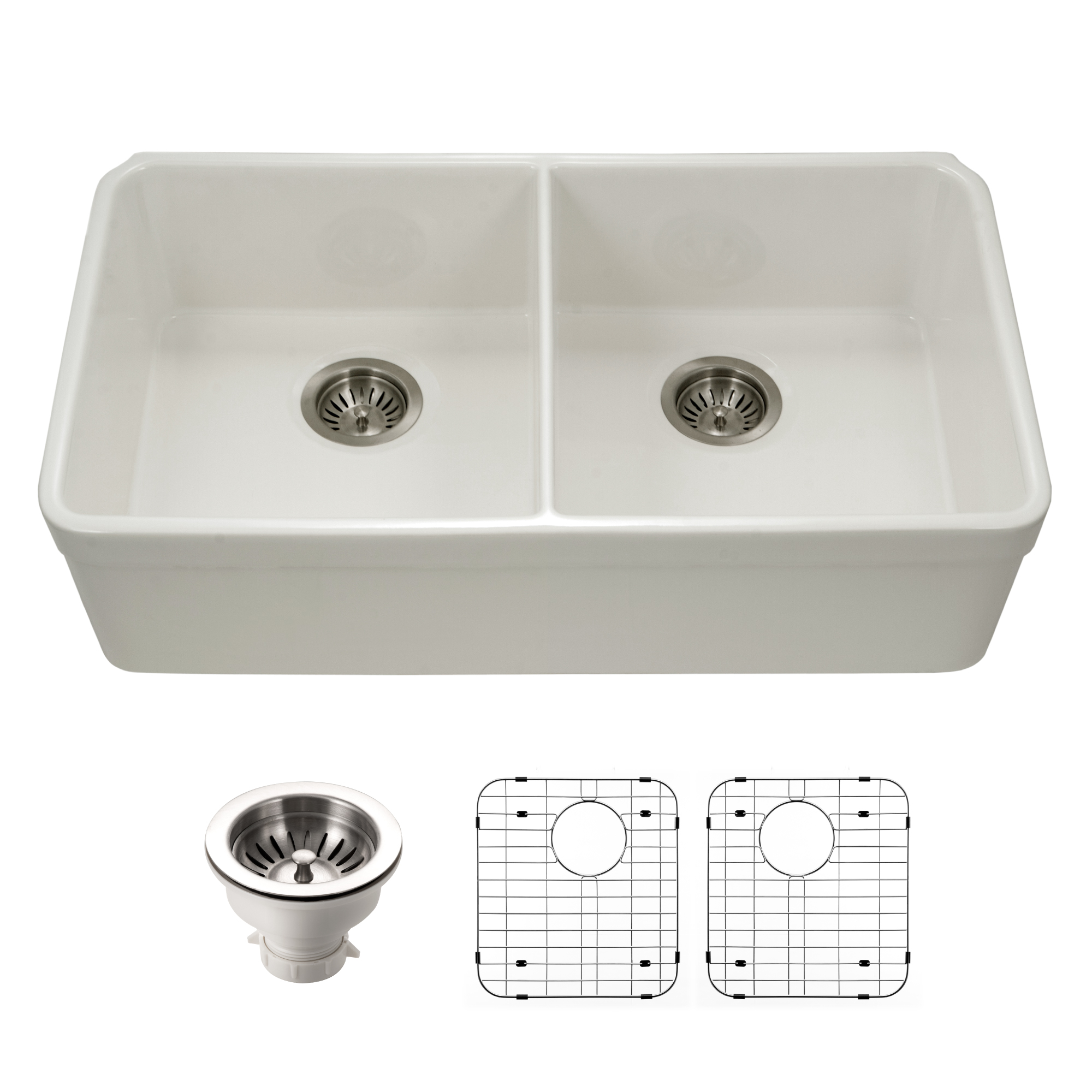 Houzer 32" Fireclay 50/50 Double Bowl Farmhouse Kitchen Sink, Biscuit, Platus Series, PTU-3200 BQ