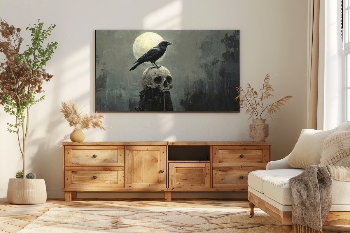 Crow and Skull in Moonlight Halloween Frame TV Art
