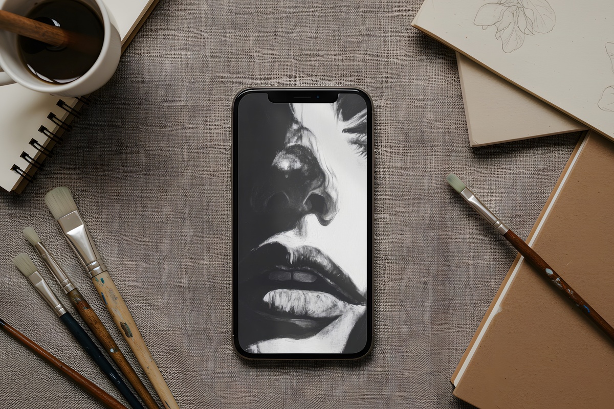 Shadowed Reverie Portrait black and white iPhone wallpaper with dramatic portrait lighting