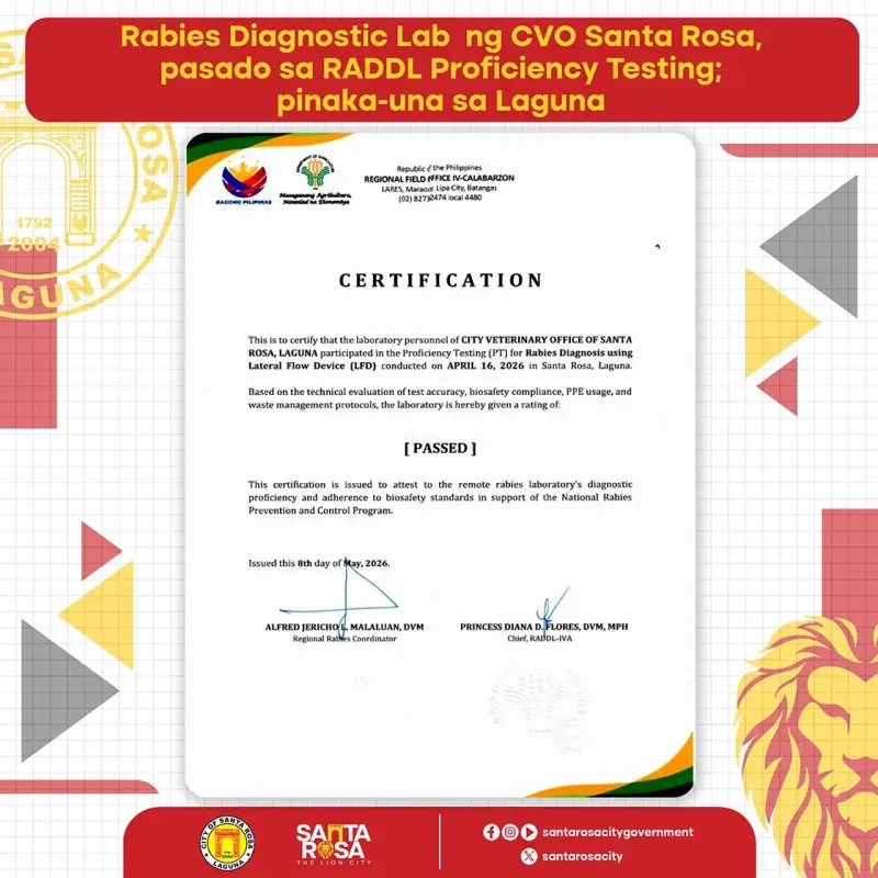 Rabies Diagnostic Lab ng CVO Santa Rosa, pasado sa RADDL Proficiency Testing; pinaka-una sa Laguna