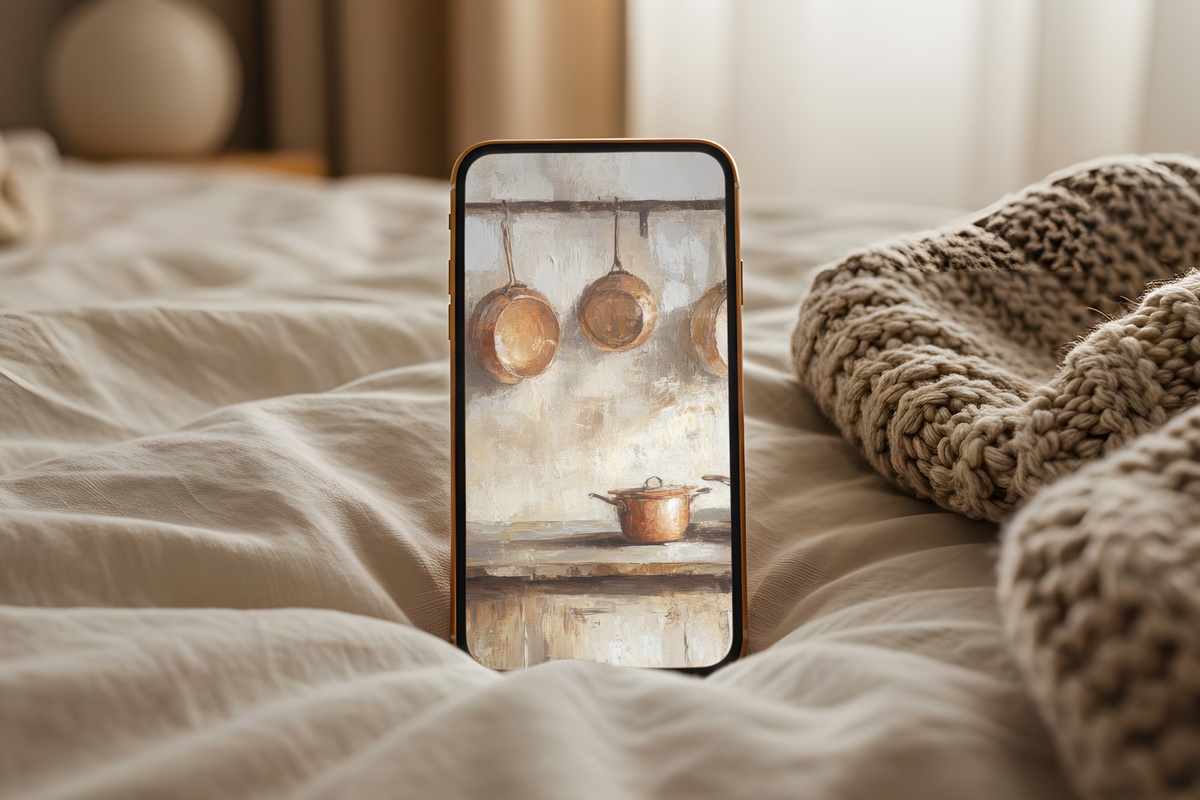 Copper-Accented Farmhouse Kitchen iPhone Wallpaper in warm amber and terracotta