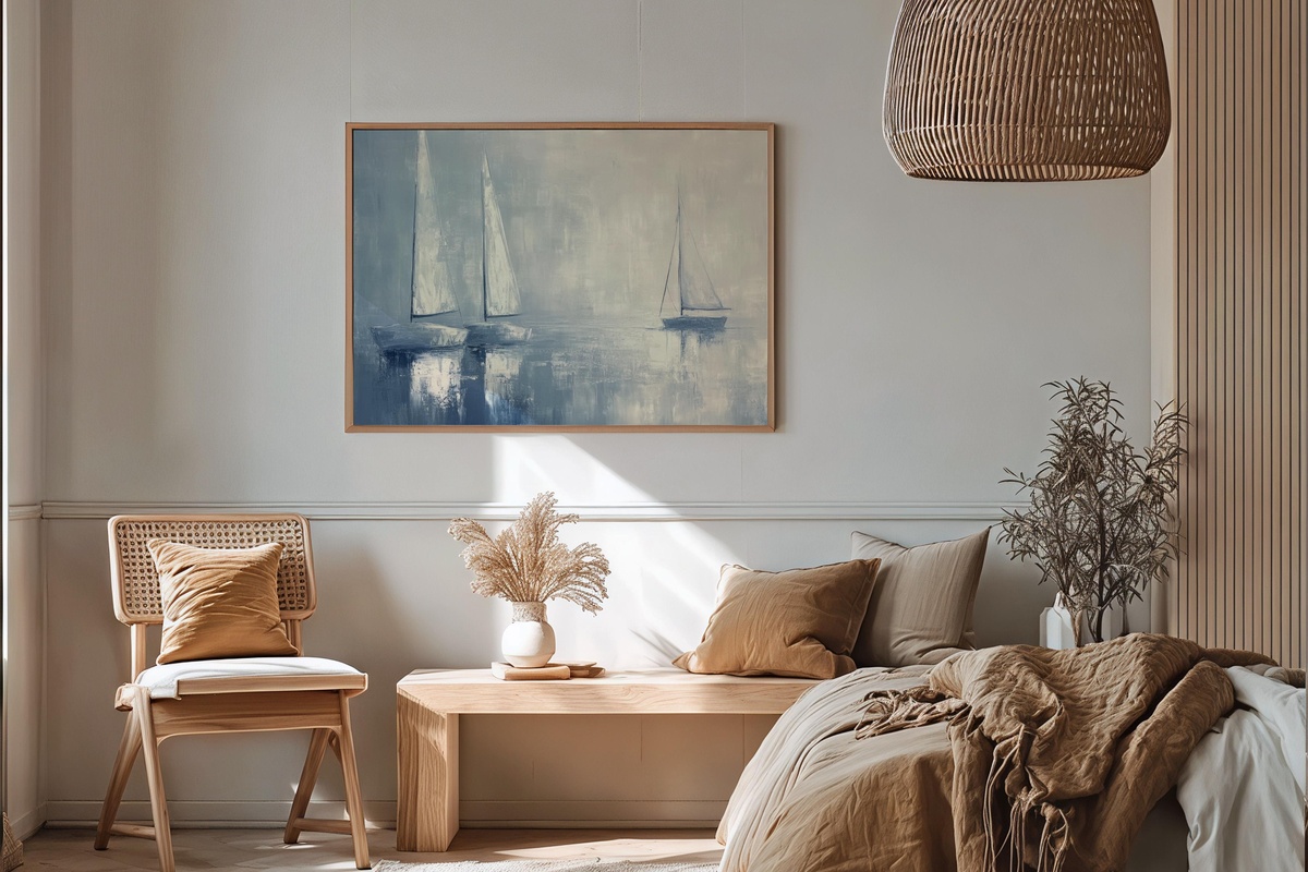 Sailing in Still Waters coastal printable wall art featuring sailboats on a tranquil bay