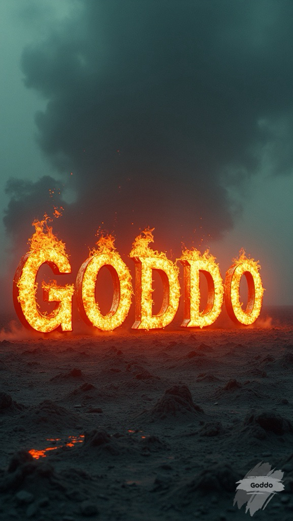 A wide-angle, cinematic shot of a barren, desolate landscape with dark, muted colors. The word "GODDO" appears in blazing letters, with flames softly lighting up the surrounding emptiness. eerie and dramatic atmosphere,  high-contrast flames, muted color scheme, intense mood, cinematic composition
