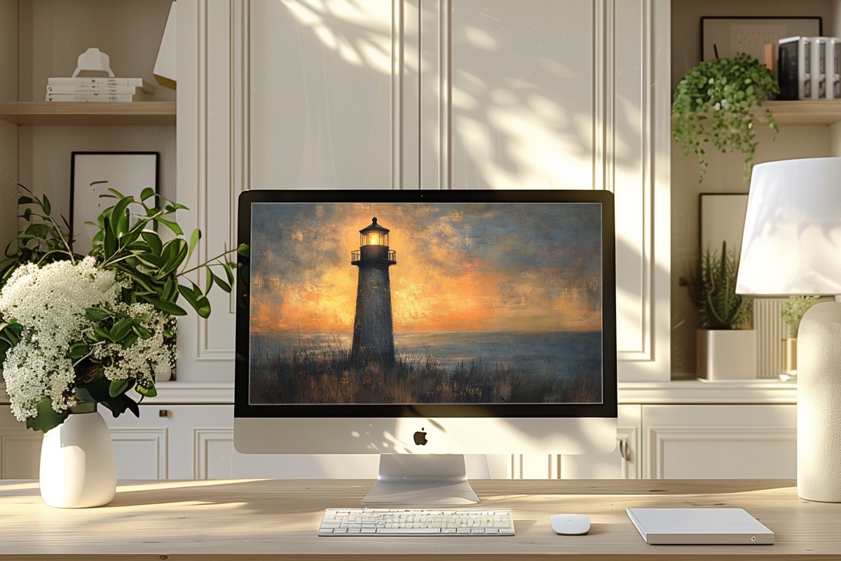 Dusk Beacon Glow Coastal Desktop Wallpaper — lighthouse beacon at dusk over coastal water