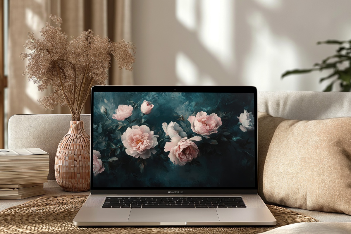 Blush Florals in Dramatic Shadows Floral Desktop Wallpaper