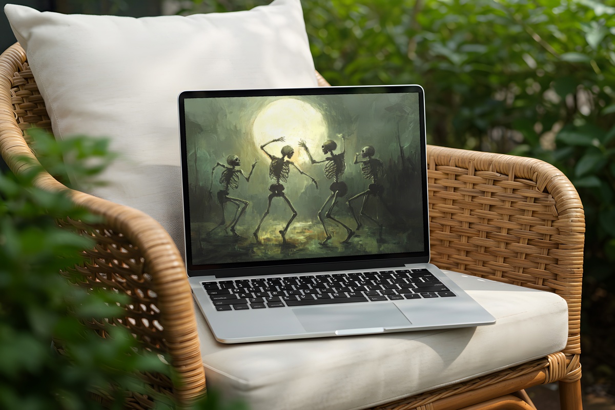 Skeleton Dance in Moonlit Glow Halloween Desktop Wallpaper