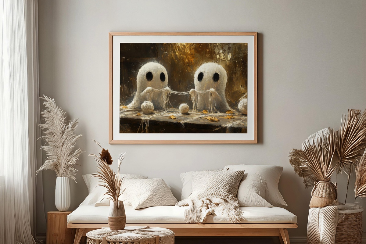 Ghostly Knitters in Cozy Scarves Halloween Printable Wall Art