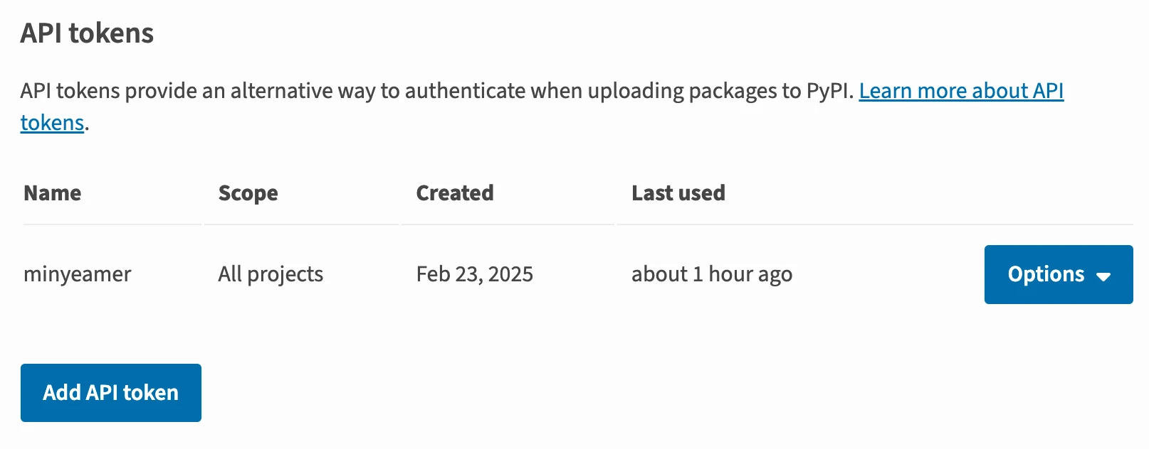 API tokens > Name = minyeamer, Scope = All projects